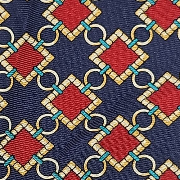 Scully & Scully Geometric Tie Mens Abstract Red Blue Gold Silk England 57.6" - Picture 6 of 6